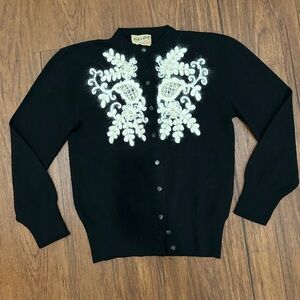 Vintage “Tish U Knit” by Leon Black Cardigan with White Pearl & Mohair Accents S
